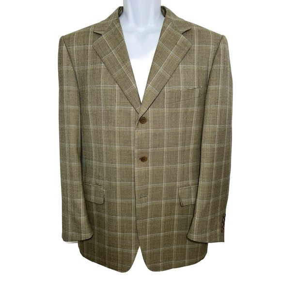 Canali Italy Sport Coat Wool Cupro Tan Plaid Windowpane 3-Button Blazer Men 38R